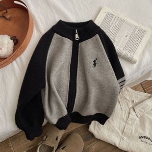 Children's New 2024 Fashion Embroidered Zipper Cardigan Jacket Sweater Boy's All-match Contrast Casual Sweater Jacket