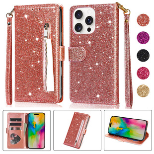 Suitable for Iphone16E15Promax14Plus Glitter Zipper Mobile Phone Leather Case Flip Shell Apple 131211