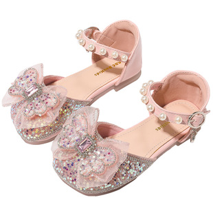 Girls Sandals 2024 Summer New Crystal Bow Soft Sole Princess Shoes Children Baby Pearl Hollow Sandals