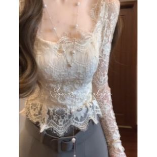 2025 Pure Spice Girl Sexy Lace Base Shirt Women's Spring New Inner Wear Outer Wear Slim-fit Slim-fit Long-sleeved Top