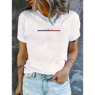 French Flag & Paris Letter Print T Shirt Short Sleeve Crew N