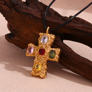 European and American fashion niche retro elegant necklace titanium steel plated 18K gold colorful beating pattern cross black rope necklace