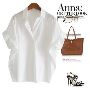 Vintage Hong Kong Style Short Sleeve Shirt Women's 2025 Summer New Style All-match White Shirt Loose Bat Sleeve Collar