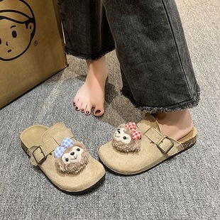 Cartoon Cute Birkenan Shoes Women's Toe Half Slippers Women's Outer Wear Autumn 2024 New Cork Thick-soled Birkenan