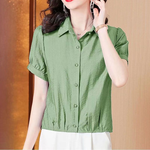 Summer top women's solid color cotton and linen top 2024 new women's short-sleeved mom casual all-matching plus size shirt fashion