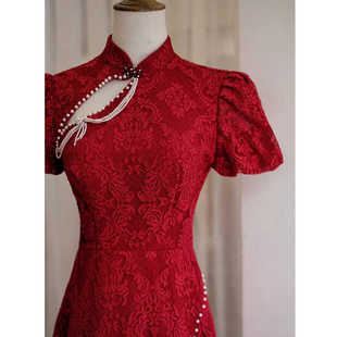 2023 Новое тостовое платье Cheongsam винно-красного китайского кружева элегантное осеннее свадебное платье для помолвки невесты женское