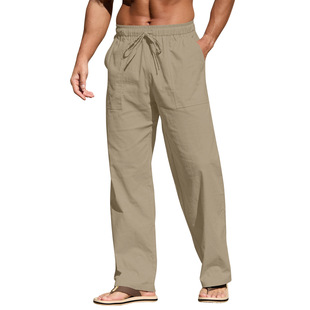 Cross-border 2025 New European and American Men's Casual Artistic Retro Cotton and Linen Style Drawstring Trousers