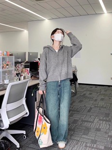 Grey Hooded Double Zipper Sweater Coat Women's Spring and Autumn 2024 New Retro Lazy Style Loose Knitted Cardigan