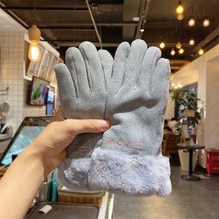 Gloves Winter Women's ins Cute Cycling Warm Cold-proof Fleece Cycling Windproof Plush Autumn and Winter Cotton Gloves Tide
