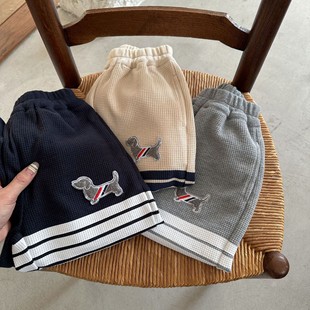 Children's trousers 2024 spring new men's and women's clothing woven striped puppy sweatpants baby ankle-tied sports pants fashion