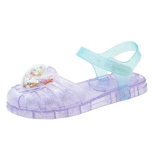 Girls Sandals Summer Princess Jelly Shoes Baotou Velcro Beach Shoes Love Baby Soft Bottom Crystal Shoes New