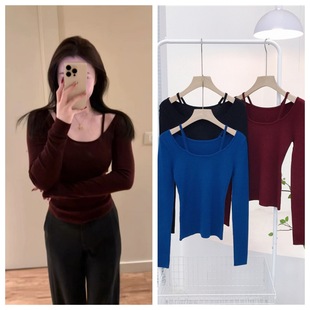 7982 early spring new 14-pin compact elastic round neck double shoulder strap fake two-piece sexy off-shoulder slimming top for women