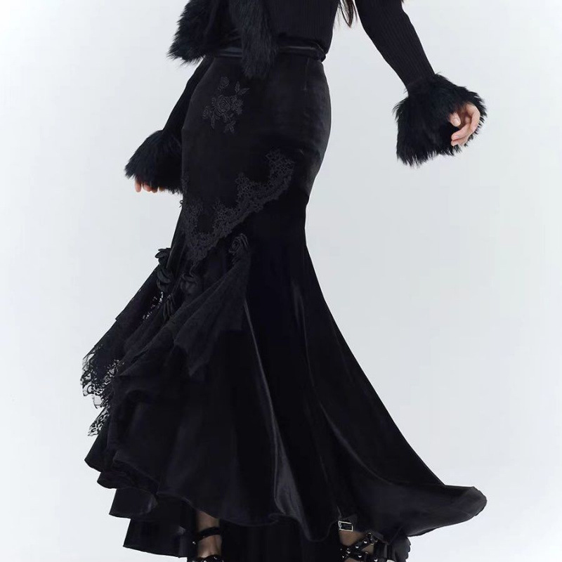 Ghost Girl Black Knitted Cardigan Jacket Velvet Fishtail Skirt Skirt Rich Girl Style Outfit Suit Skirt