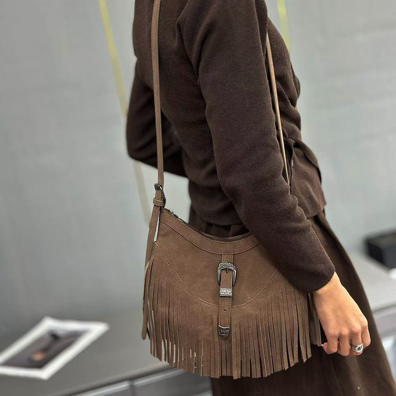 Korean style casual frosted moon pattern women's versatile textured tassel bag, niche and stylish shoulder/crossbody bag, trendy underarm bag.