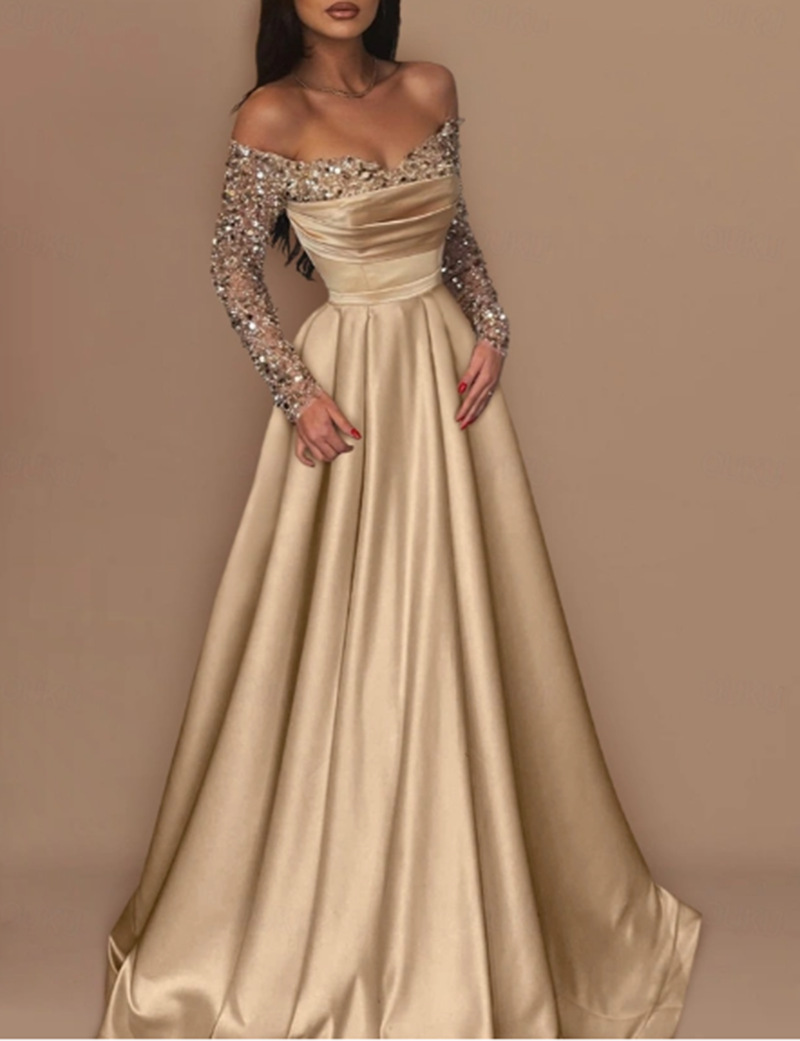 2026 European and American Cross-Border Women's Banquet Long-Sleeved Elegant Socialite Annual Meeting Hostess Aura Queen Sequin Evening Dress
