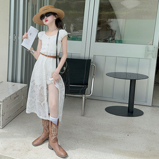 Girls' suit Summer 2025 New Arrival Stylist Children's Lace Cardigan dress High Waist Shorts Two-Piece Set