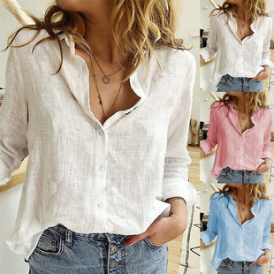2021 Spring & Fall European and American Pure Color Casual Loose Long-sleeved Linen Shirt in Stock with Sleeves