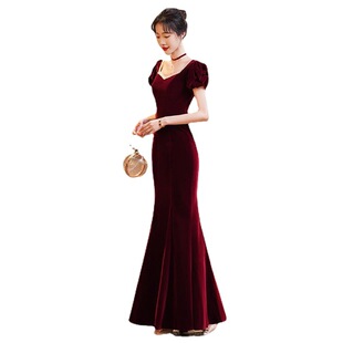 Fishtail wine red Toasting Dress Evening Dress Female Bride Slim-fit Elegant 2024 New Banquet Light Luxury Long Dress
