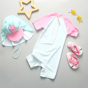 Korean-style Cartoon Style Girls' Baby Swimwear Children's Baby Swimwear Short-sleeved Sun-resistant UV Surfer Suit with Hat