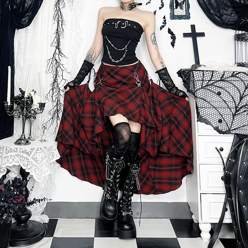 CF25023 spring new dark style plaid skirt new red plaid irregular adjustable multi-wear overskirt