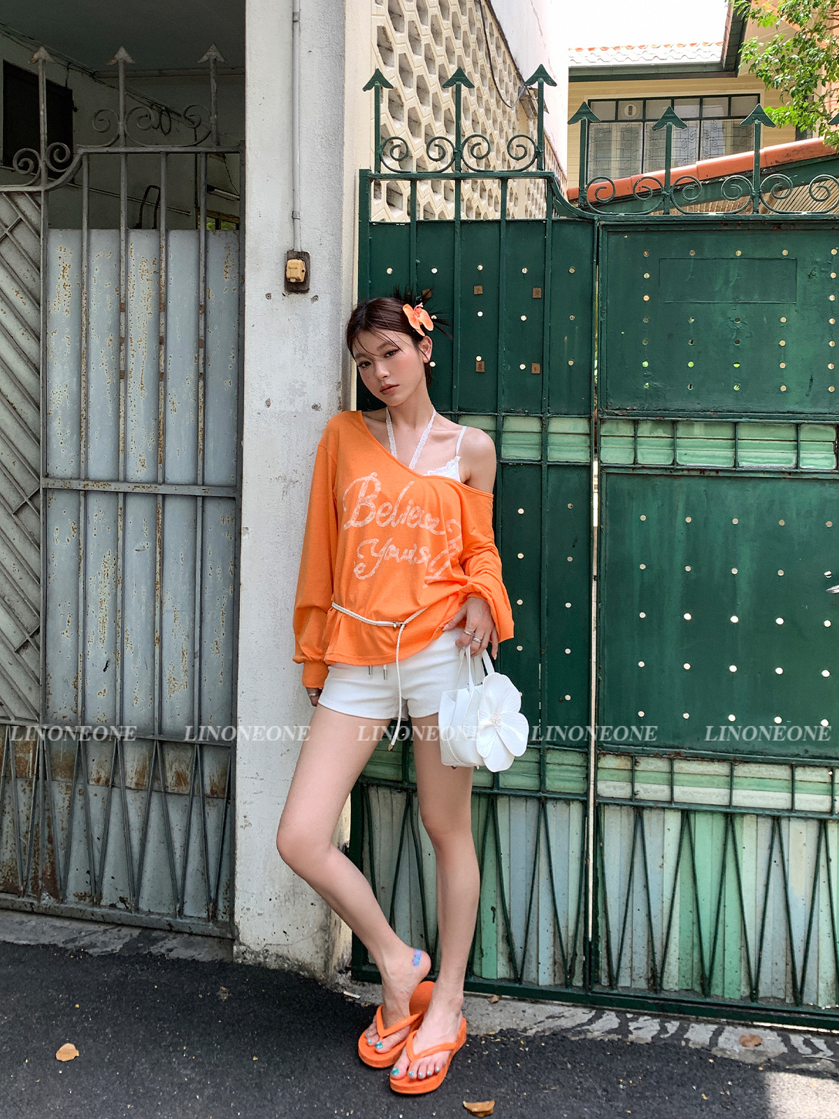 Snowflake Cotton Large V Neck Off-Shoulder Orange Sun Protection Blouse Loose Letter Long-Sleeved T-Shirt
