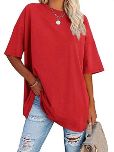 Cross-border 2024 Amazon wish European and American foreign trade women's new summer casual solid color loose short sleeve T-shirt women