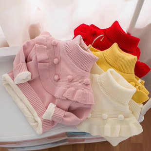 fleece-lined Girls' Sweater Thickened Thickened Base Shirt Baby Autumn and Winter High Collar Pullover Warm Western Style Children's Knitted Sweater