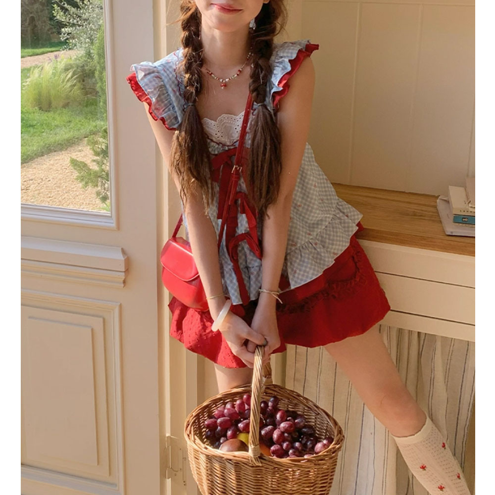 2026 New Summer Style Blue Plaid Print Contrasting Color Small Flying Sleeve Top + Berry Bubble Skirt Suit for Women