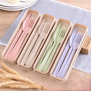 Creative Wheat Straw Gift Tableware Set Children Portable Spoon Fork Chopsticks Three-piece Set Promotional Gift