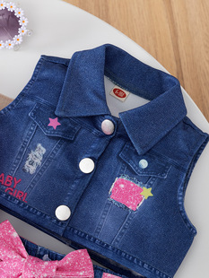2024 cross-border foreign trade for imitation denim printed waistcoat crew neck jacket pants 3-piece children's suit