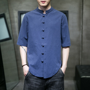 2024 Summer Dress Tang Dress Vintage Chinese Style Cotton and Linen Seven-Sleeve Shirt Men's Solid Color Vertical Collar Buckle Short-Sleeved Shirt