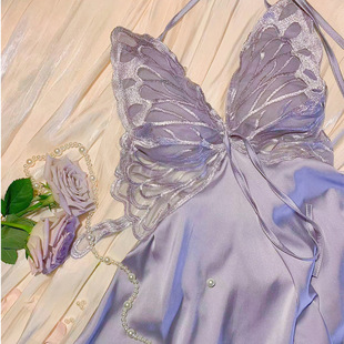 Sexy nightdress live broadcast same style pure desire bow deep V strap pajamas backless halter dress one-piece delivery