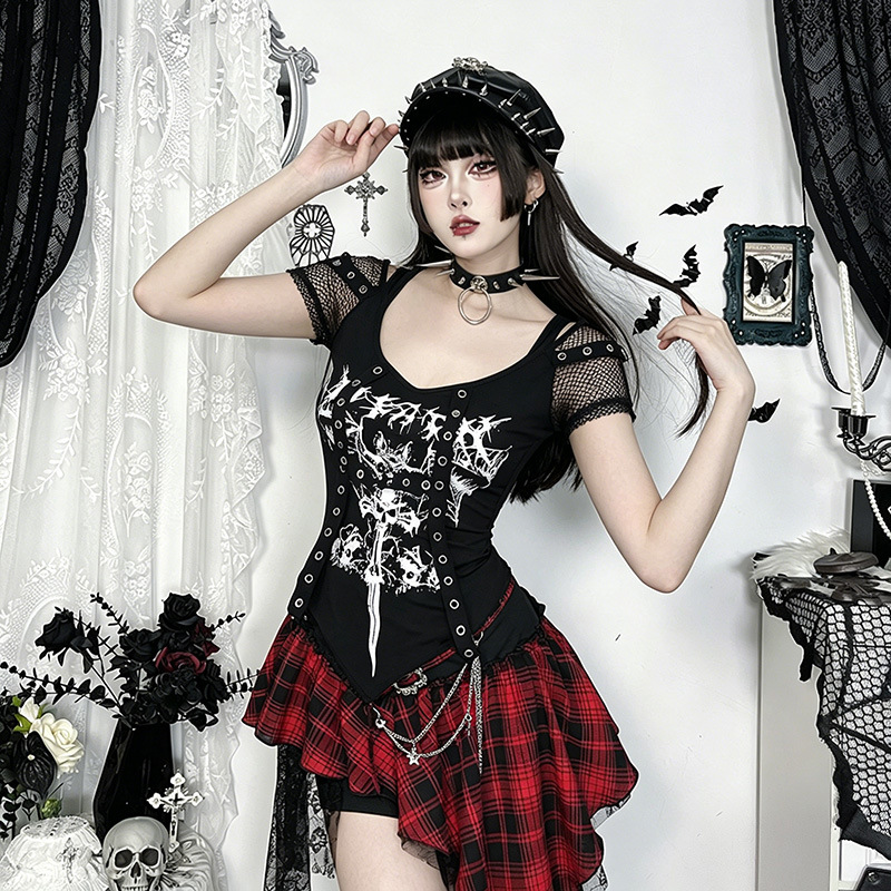 Ss26151 Summer New Gothic Style Spliced Skull Print Lace-Up Slimming Hot Girl Personalized Short-Sleeved Top for Women