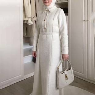 European and American Foreign Trade Cross-border Amazon Autumn New French Lapel Retro Dress Fashion Solid Color High Waist Dress