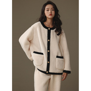 "Thickened fleece-lined" new coral fleece pajamas women's autumn and winter flannel warm plush Chanel style cardigan suit
