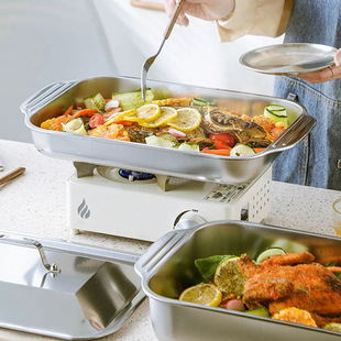 Stainless Steel Fish Plate with Lid Rectangular Binaural Tray Thickened Flat Bottom Multi-purpose Tray Commercial Seafood Plate Barbecue Tray