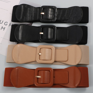 New Square Buckle Buckle Women's Belt Decoration Woven Elastic Elastic Wide Waist Cover Women's Fashion Dress Belt