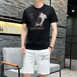 European station heavy industry hot drilling Tencel cotton suit men's summer trendy short-sleeved cropped pants two-piece casual sportswear