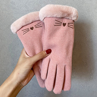Gloves Winter Women's fleece-lined Thickened Warm Cute Suede Women's Riding Cold-proof Cycling Windproof Touch Screen Winter
