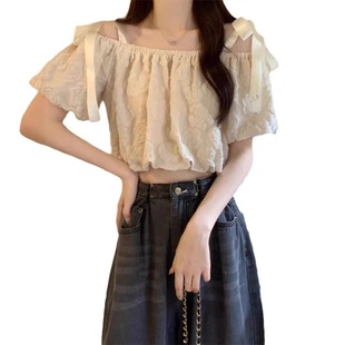 Off-Shoulder Strap Shirt Sleeve Top Women's Design Sense Niche Summer French Retro Gentle Clavicle Beautiful Shirt