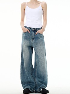 New Vintage Washed cleanfit Blue Straight Jeans Trendy Brand Men's American Style Wide Leg All-match Casual Pants