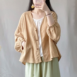 Summer cotton and linen jacquard cardigan sun protection clothing shirt Women's outer wear artistic loose slimming batwing sleeve long sleeve air conditioning shirt