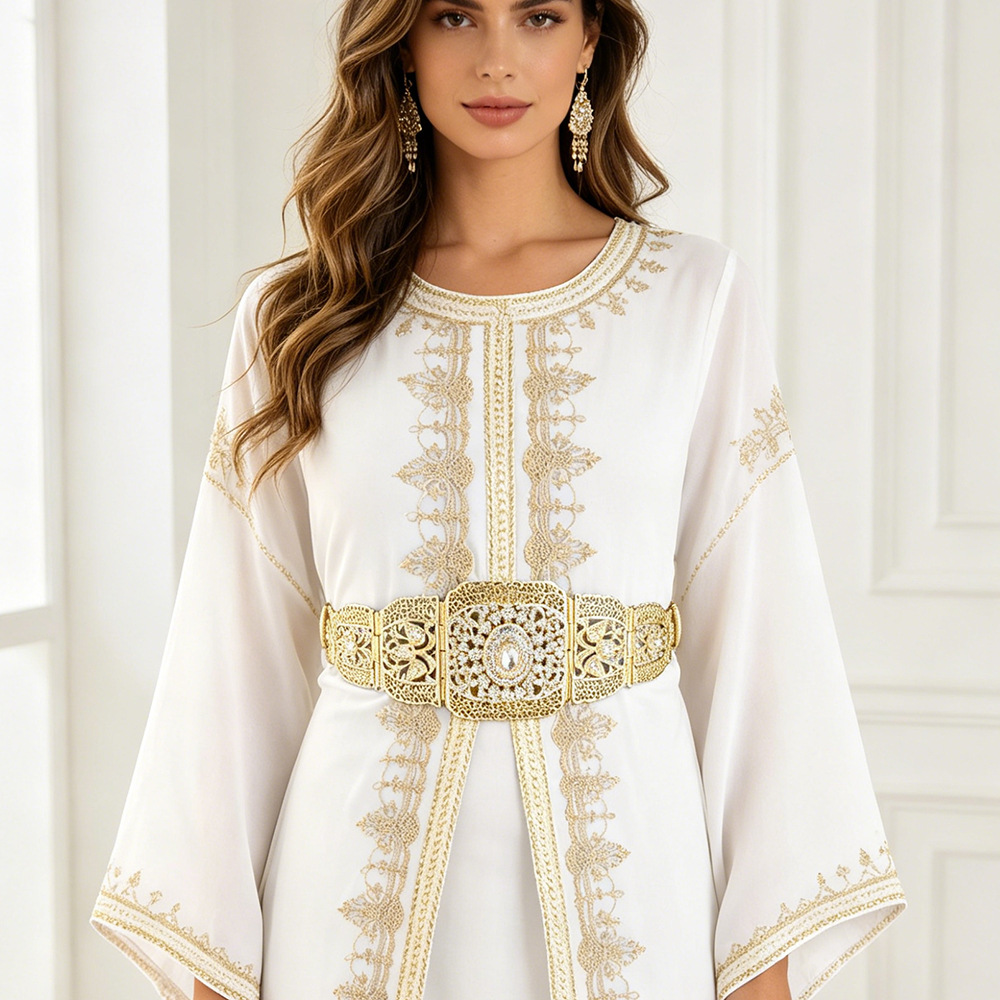 Cross-Border Arab Moroccan Women's Robe Belt with Diamond-Encrusted Metal Chain and Tassel Rope Combination Wide Waistband