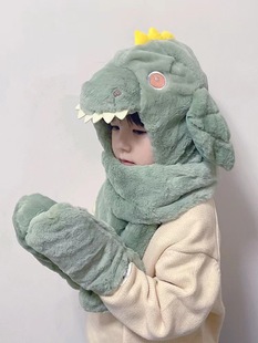 Children's Hat and Scarf All-in-One Boy's Winter Dinosaur Ear Moving Warm Three-Piece Set Baby's Face and Ear Protection Cap