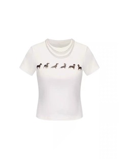Jennie with pearl necklace dog printed stretch slim slim short sleeve a generation of hair women's summer coat