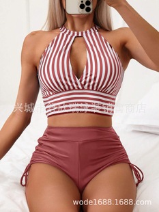 New European and American Swimsuit Amazon Cross-border Split Tight Striped Sexy Bikini Swimsuit Split Swimsuit