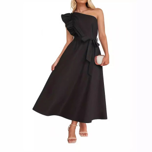 Amazon Cross-border European and American plus size Women's dress Shoulder Wood Ear Shoulder Lace Long Party dress