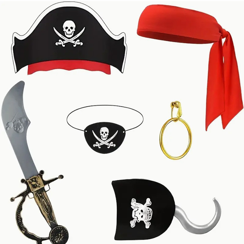 Halloween Party Pirate Costume Accessories Set Includes Headband, Hat, Eye Mask and Hook Dress up Props