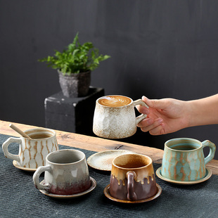 Stoneware Coffee Cup and Saucer Set Simple Handmade Japanese Style Retro Golden Art Cup Hand-made Coffee Cup Set