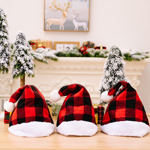 Cross-border new Christmas decoration supplies plush edge plaid Christmas hat high-end children's red and black plaid adult hat